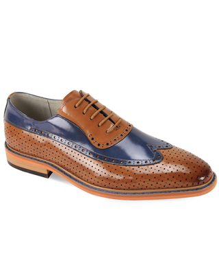 Men’s wingtip dress shoes with a tan leather upper and blue accents. Classic brogue detailing for a stylish formal look