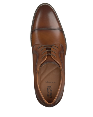 Top View of Johnston & Murphy Hawthorn Wingtip Shoe - Tan Leather with Intricate Brogue Detailing and Lace-Up Closure