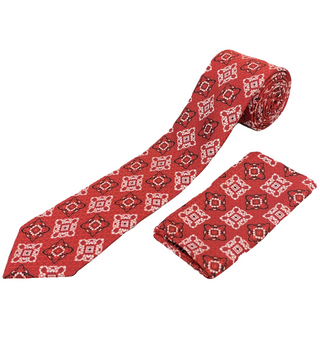 Stacy Adams Tie and Handkerchief - Red, White and Black Kaleido Flowers T74