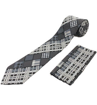 Stacy Adams Tie and Handkerchief - Black and Gray Multi-Pattern T35