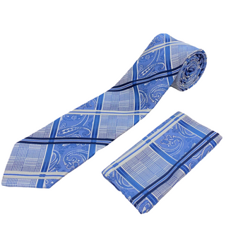 Stacy Adams Tie and Handkerchief - Blue Plaid Paisley T14