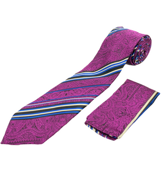 Gianfranco Tie and Handkerchief - Dark Magenta Striped Lace T49