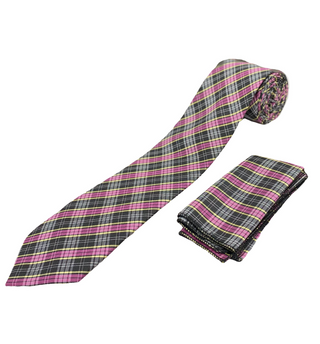 Gianfranco Tie and Handkerchief - Magenta Plaid T47