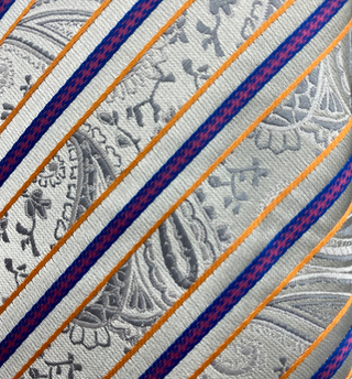 Gianfranco Tie and Handkerchief - Silver Paisley Stripes T52