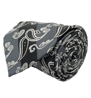 Stacy Adams Tie and Handkerchief - Black and Grey Striped Paisley T34