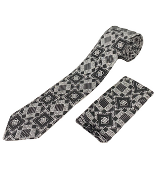 Stacy Adams Tie and Handkerchief - Black and Silver Antique Celtic Tile T37