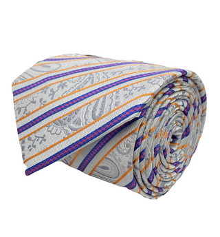 Gianfranco Tie and Handkerchief - Silver Paisley Stripes T52