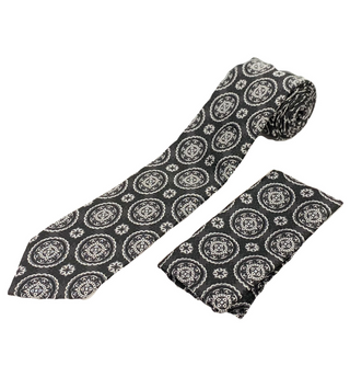 Stacy Adams Tie and Handkerchief - Black and Grey Floral Medallions T33