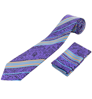 Gianfranco Tie and Handkerchief - Purple Striped Lace T54
