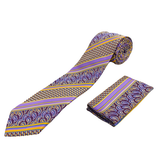 Venturi Vomo Tie and Handkerchief - Purple Square Paisley T51