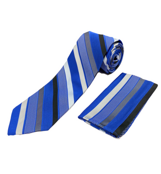 Stacy Adams Tie and Handkerchief - Royal Blue Striped T12