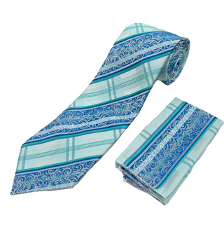 Venturi Vomo Tie and Handkerchief - Blue Swirl Stripes T5
