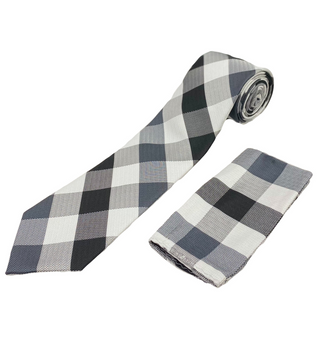 Stacy Adams Tie and Handkerchief - Black Grey and White Check T24
