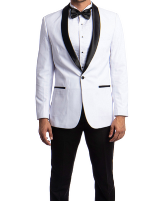 Azzuro Solid Slim Fit Tuxedo in White with Black, featuring a sleek satin shawl collar, single-button closure, and modern slim fit.