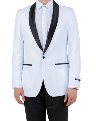 Close-up of the Azzuro White with Black Slim Fit Tuxedo, highlighting the satin lapel, fine stitching, and smooth fabric texture