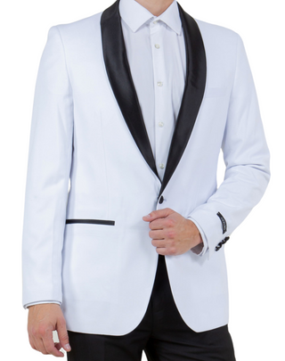 Model wearing the Azzuro White with Black Slim Fit Tuxedo, showcasing the sharp tailored fit, elegant contrast detailing, and refined formal look