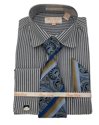 Bruno Conte charcoal gray striped dress shirt combo, regular fit, button-up with tie for business and formal wear