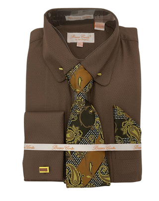Bruno Conte brown textured dress shirt combo, regular fit, button-up with tie for business and formal wear