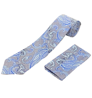 Stacy Adams Tie and Handkerchief - Silver and Blue Paisley T15