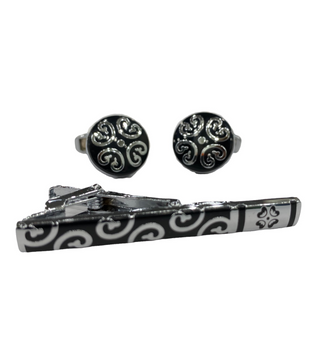 Fratello Cufflink and Tie Clip Combo - Black & Silver GeoPattern CLT01