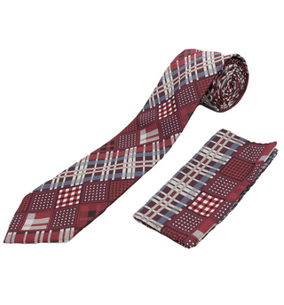 Stacy Adams Tie and Handkerchief - Burgundy and Gray Multi-Pattern T64