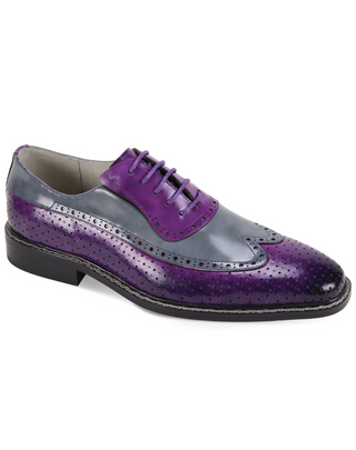 Men’s wingtip dress shoes featuring a bold purple and gray leather upper with classic brogue detailing. Stylish and sophisticated
