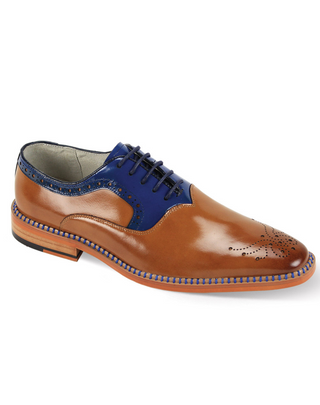Giovanni Sawyer Oxford Dress Shoe in Tan & Cobalt – Stylish men's lace-up dress shoe featuring a classic oxford design with a sleek tan leather upper and bold cobalt blue accents. Perfect for formal and business wear.