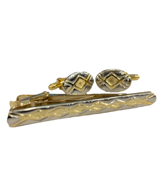 Fratello Cufflink and Tie Clip Combo - Gold & Silver Crosshatch CLT03