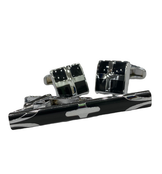 Fratello Cufflink and Tie Clip Combo - Black and Silver Cross CLT17