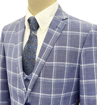 Mazari Vested Slim Fit Windowpane Suit - Paris Blue