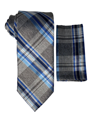 Stacy Adams Geo Tie and Handkerchief - Grey & Blue