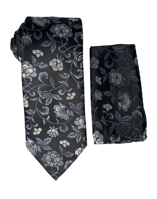 Stacy Adams Rosed Tie and Handkerchief - Black