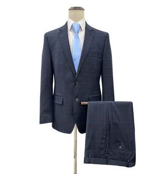 Top Lapel Windowpane Modern Fit Suit - Navy Blue