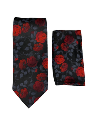 Stacy Adams Rosed Tie and Handkerchief - Black & Red