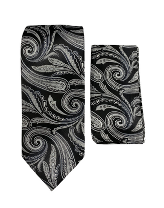 Stacy Adams Paisley Tie and Handkerchief - Black & Gray