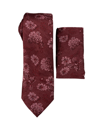 Stacy Adams Floral Tie and Handkerchief - Burgundy