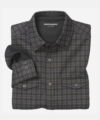 Johnston & Murphy Plaid Button Front Knit Shirt- Navy/Brown