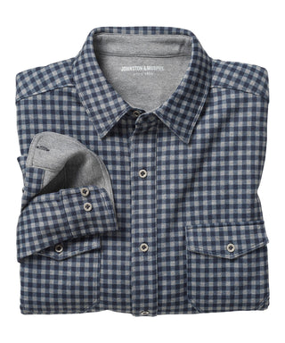 Johnston & Murphy Plaid Button Front Knit Shirt- Navy