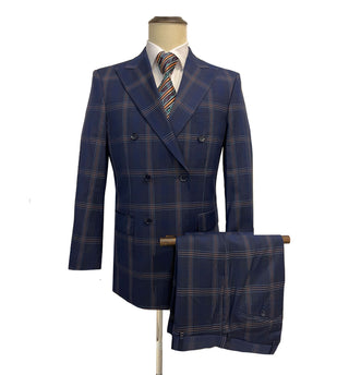 Mazari Slam Windowpane Double Breasted Modern Fit Suit - Blue 2028